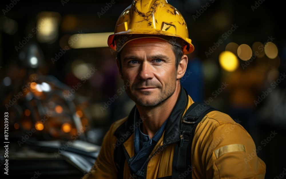 A construction worker wearing a yellow hard hat and work clothes looks directly at the camera. The background is blurry and shows an industrial setting A construction worker wearing a yellow hard hat and work clothes looks directly at the camera. The background is blurry and shows an industrial setting
