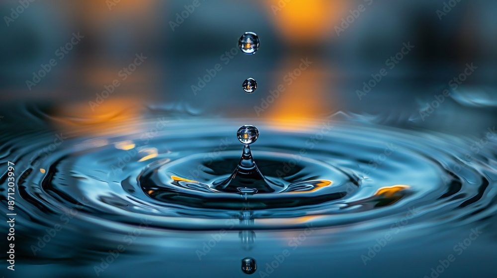 A drop of water falls from the sky, forming ripples on a blue background. The focus is on one small droplet with clear details and reflections in it. A drop of water falls from the sky, forming ripples on a blue background. The focus is on one small droplet with clear details and reflections in it.
