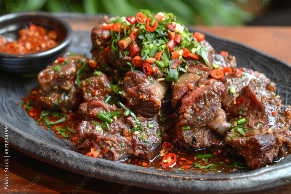 Oxtail cooked until tender fried served with spicy balado sauce Oxtail cooked until tender fried served with spicy balado sauce