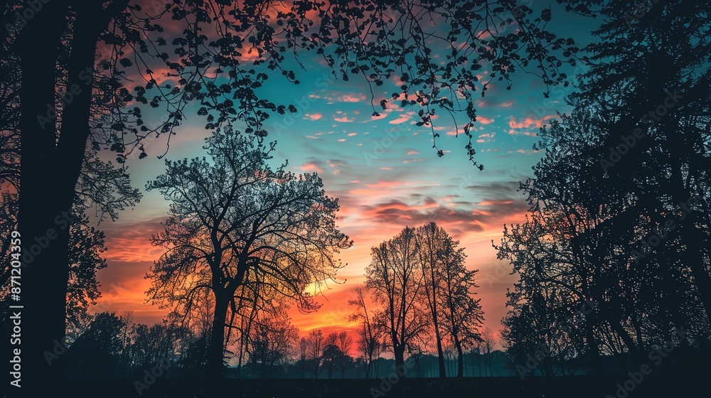 Serene Sunset Silhouette: Tranquil Sky with Tree Silhouettes for Relaxation and Peaceful Atmosphere Serene Sunset Silhouette: Tranquil Sky with Tree Silhouettes for Relaxation and Peaceful Atmosphere