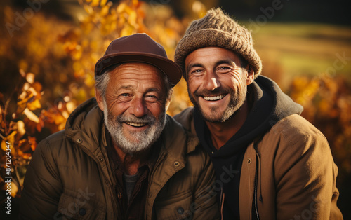 Two senior men, one with a beard, are smiling and hugging outdoors. They are wearing casual clothing and are standing in a field of autumn leaves