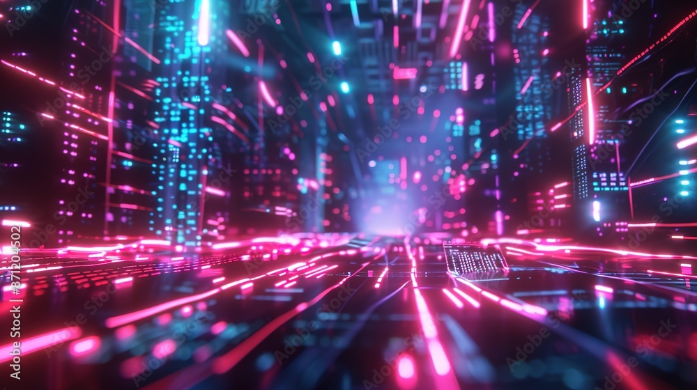 Fototapeta premium Neon Cyberpunk Cityscape - Futuristic Digital Background with Glowing Lights