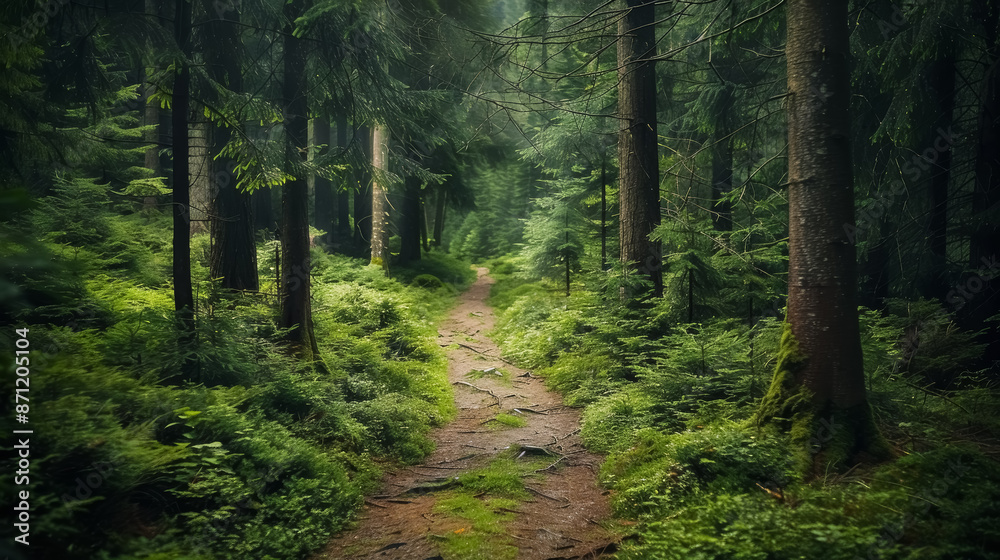 Fototapeta premium serene forest pathway surrounded by lush greenery in misty atmosphere