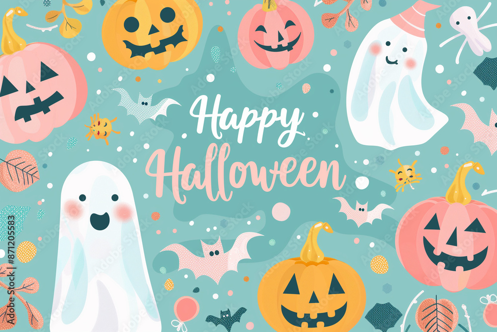 Happy Halloween greeting with cute ghosts, pumpkins and bats on a pastel gentle background Happy Halloween greeting with cute ghosts, pumpkins and bats on a pastel gentle background