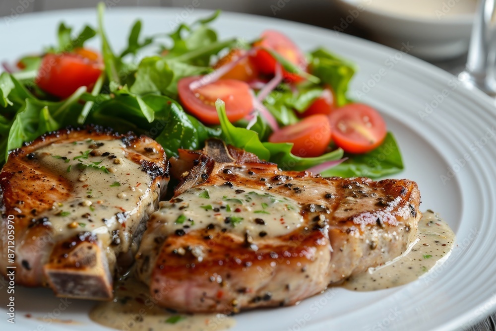 Peppercorn sauce and salad served with pork chops Peppercorn sauce and salad served with pork chops