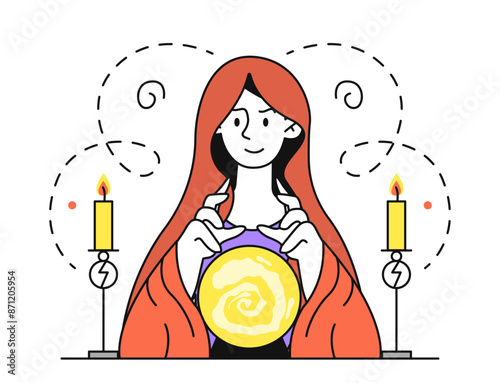 Fortune teller woman. Clairvoyant sits with crystal ball and candles. Forecasting and prediction of future. Mysticism and esotericism. Linear flat vector illustration