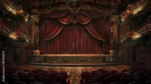 Theater scene interior with balconies and seats. Classic theater stage with a red curtain