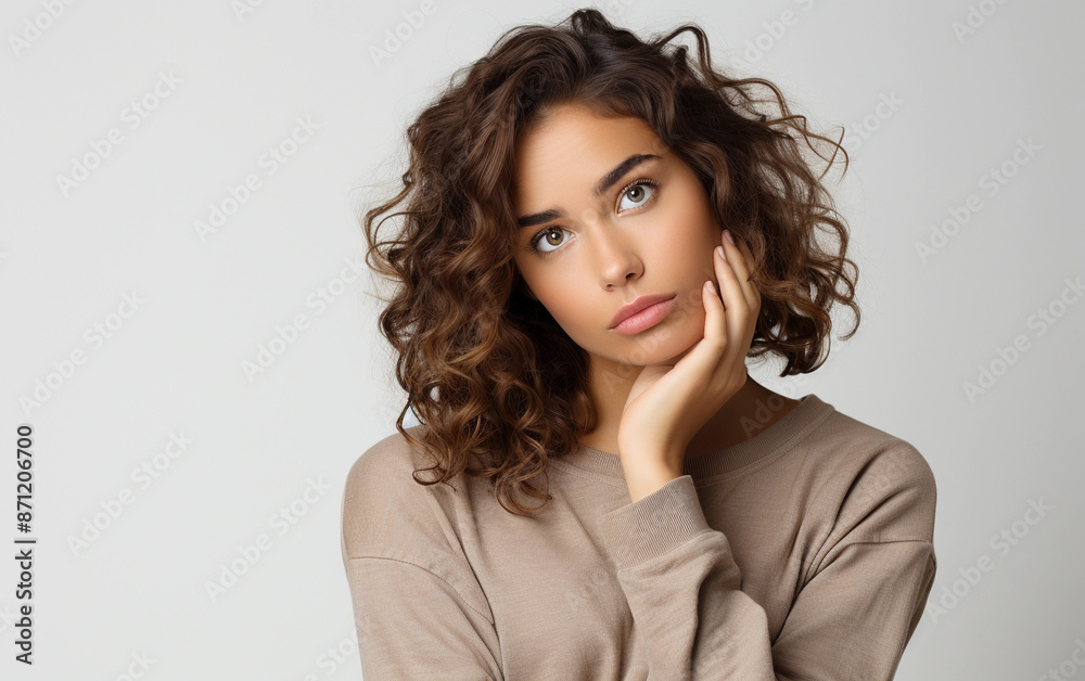 A young woman with curly brown hair looks away in confusion while resting her hand on her cheek. She is wearing a brown sweater against a plain white background A young woman with curly brown hair looks away in confusion while resting her hand on her cheek. She is wearing a brown sweater against a plain white background