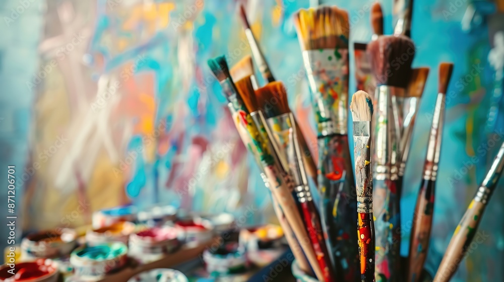 Fototapeta premium Vibrant Artistic Workspace with Paintbrushes and Colorful Palettes for Creative Inspiration