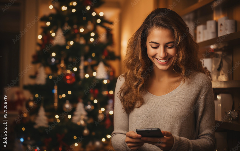 A young woman smiles as she uses her phone to order gifts online, standing in front of a decorated Christmas tree A young woman smiles as she uses her phone to order gifts online, standing in front of a decorated Christmas tree
