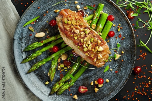 Pistachio crusted pork tenderloin with cranberries asparagus and tomatoes on a Nordic plate photo