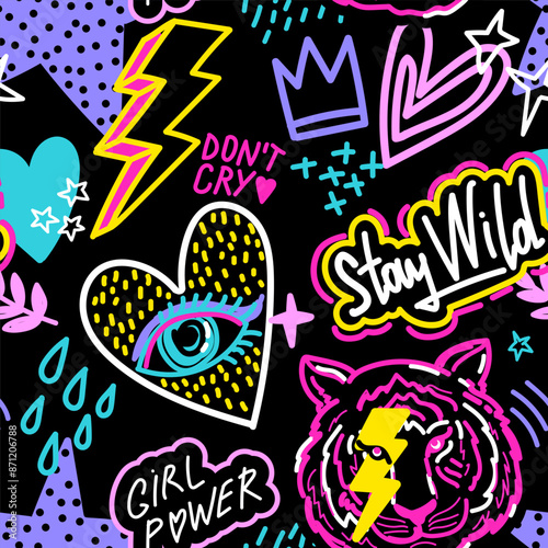 Seamless pattern with heart, tiger, words and other cool sigs. Bright Abstract print on black background for fabric, textile, wallpaper, apparel. Vector illustration for teen  girl. Rock star, funky.