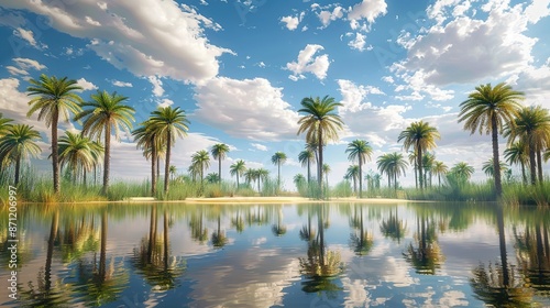 Serene Desert Oasis: Palm Trees and Tranquil Water Reflections © Wp Background