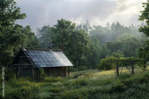 Old wooden house in a green field with trees and photovoltaic panels on the roof  © Ivan