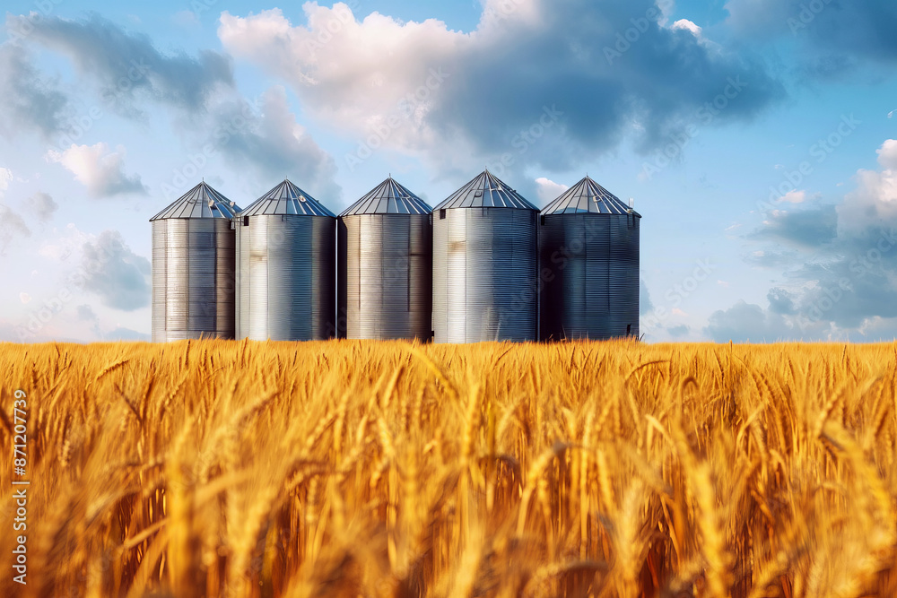 Agricultural silos for storing and drying grains in a golden wheat field against the sky with clouds with space for text or inscriptions. Harvest harvest
Agricultural silos for storing and drying grains in a golden wheat field against the sky with clouds with space for text or inscriptions. Harvest harvest