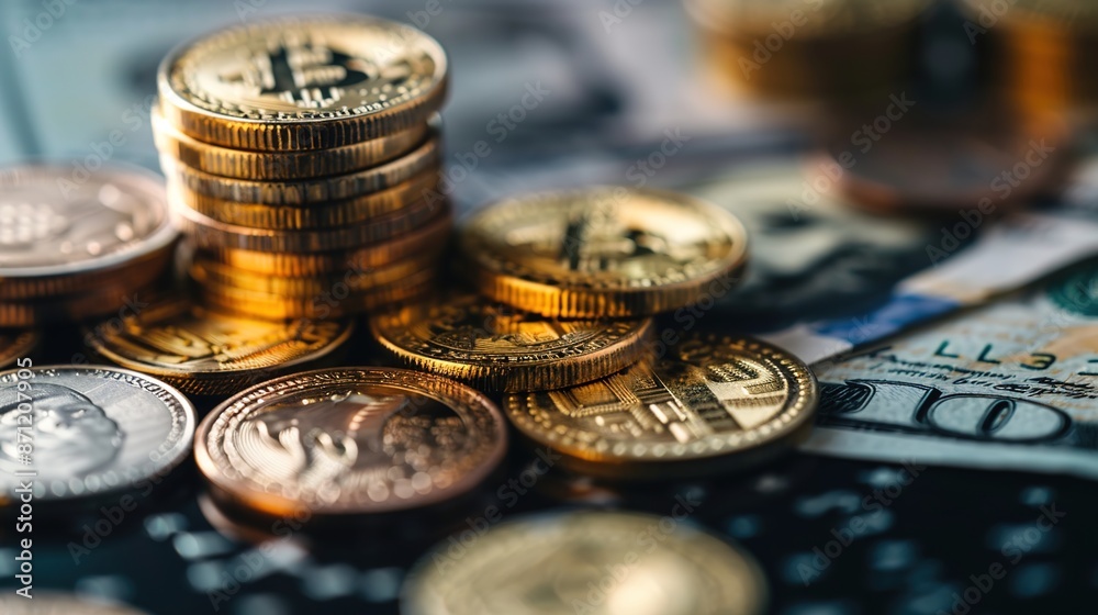 Counting Wealth: Close-up of Coins and Banknotes on Dark Background, Money Savings and Investment Concept Counting Wealth: Close-up of Coins and Banknotes on Dark Background, Money Savings and Investment Concept