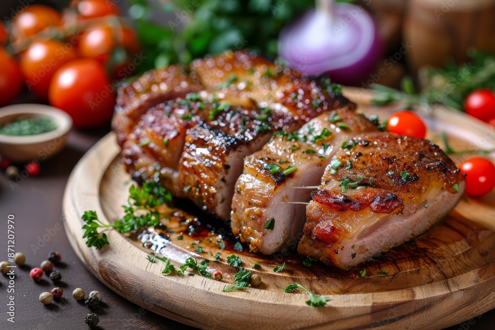 Pork neck sliced on wooden plate with vegetables in the background Pork neck sliced on wooden plate with vegetables in the background