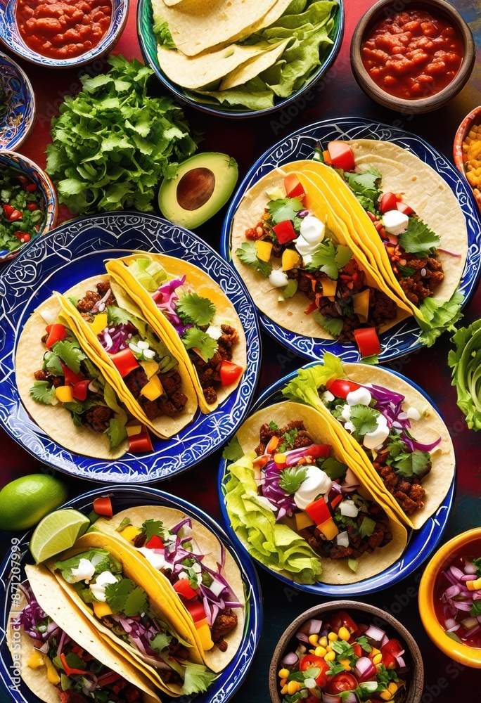 vibrant tacos arranged colorful tempting mexican food display, tiles, organized, multicolored, patterned, appetizing, cuisine, exhibit, showcase, assortment vibrant tacos arranged colorful tempting mexican food display, tiles, organized, multicolored, patterned, appetizing, cuisine, exhibit, showcase, assortment