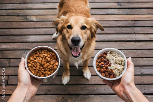 Golden dog on deck, hands holding bowls of kibble and wet food photo