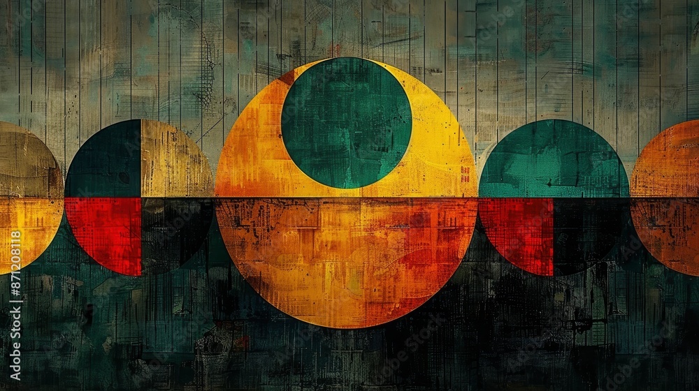 Naklejka premium A modern and minimalistic design, overlapping patterns in yellow and purple, arranged to form a vibrant composition that suggests excitement and creativity, The light grey background