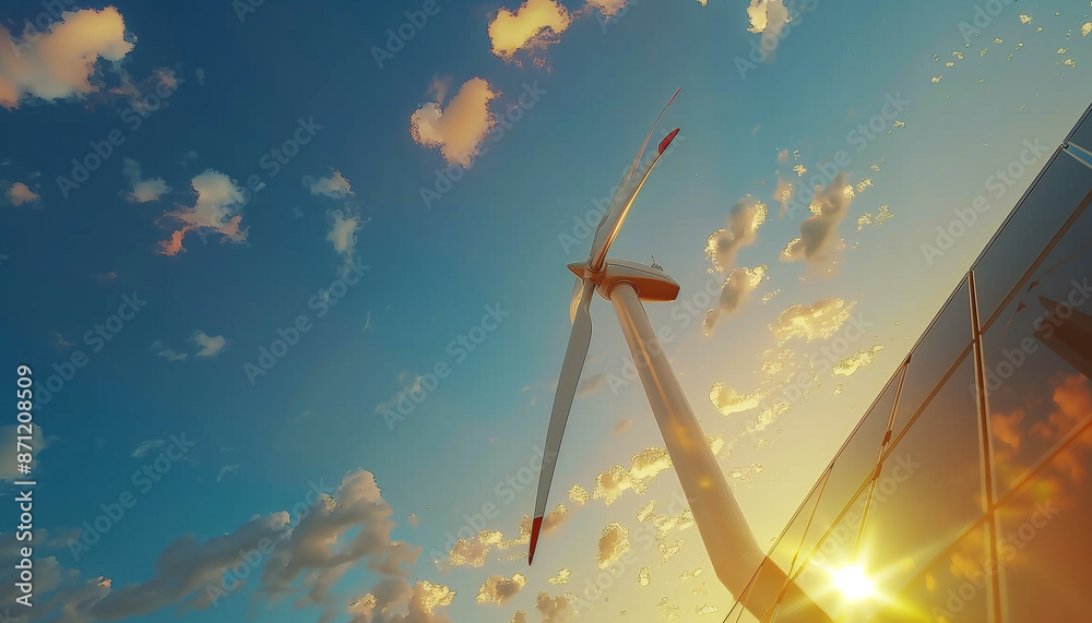Windmill wind turbine and solar cell panel on blue sky at sunset Windmill wind turbine and solar cell panel on blue sky at sunset