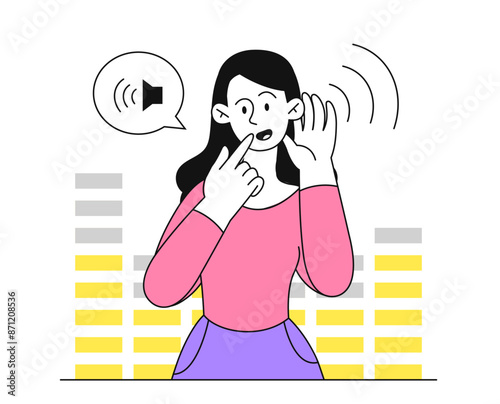 Woman eavesdrops concept. Young curious girl trying to hear rumors and secrets. Person with news and gossips. Curiousity and espionage. Linear flat vector illustration