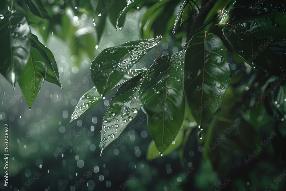 Close up of raindrops on green leaves. Background of green leaves in the rainy season
Close up of raindrops on green leaves. Background of green leaves in the rainy season