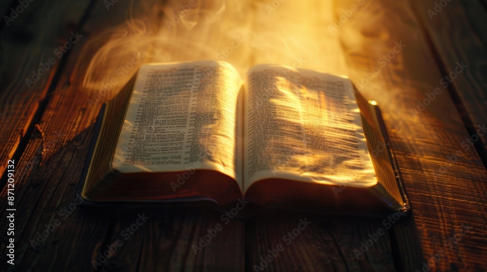 Obraz premium A Christian holy book resting on a natural wood surface, ideal for use in editorial and educational contexts