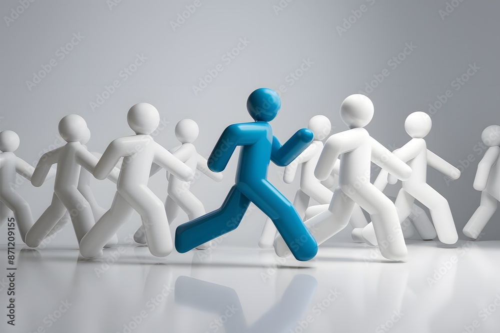 Series of white human like figures with distinct blue figure in motion Series of white human like figures with distinct blue figure in motion