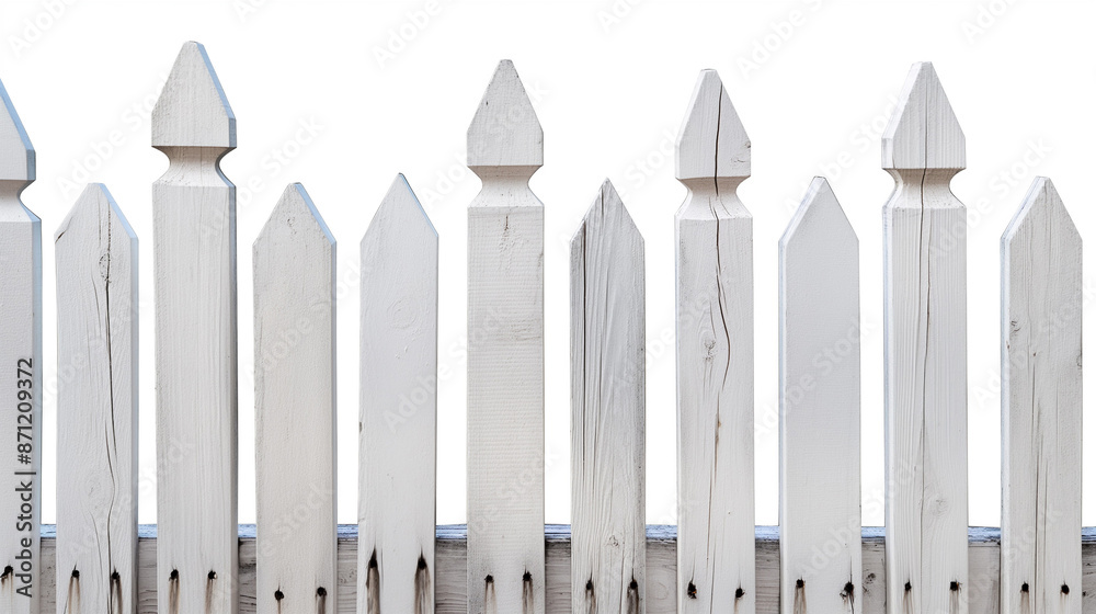 White Wooden Picket Fence Close-Up - Classic Rustic Design with Visible Wood Grain and Texture - Ideal for Home, Garden, and Outdoor Decor Themes White Wooden Picket Fence Close-Up - Classic Rustic Design with Visible Wood Grain and Texture - Ideal for Home, Garden, and Outdoor Decor Themes