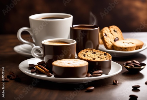 rich espresso biscotti elegant coffee break concept, saucer, crunchy, gourmet, treat, aromatic, caffeine, pairing, morning, luxury, sweet, biscuit, cookie