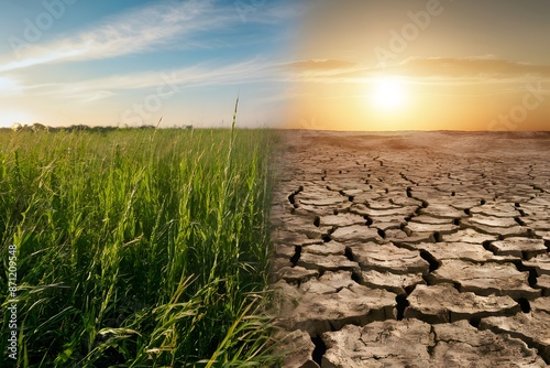 Split image of lush green field transitioning to barren land under golden sun