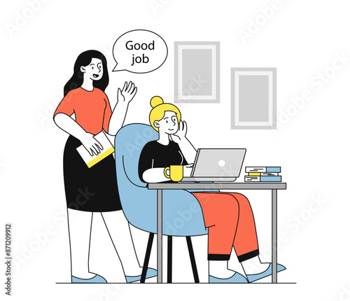 Good job praise concept. Boss praises subordinate. Good atmosphere in office and organization of efficient work process. Businesswoman and employee at workplace. Linear flat vector illustration