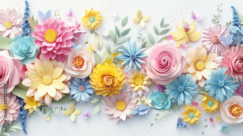 A paper art scene with blooming pastel flowers, including roses, daisies, and lilies, in soft pinks, yellows, blues, and purples