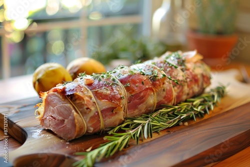 Prosciutto wrapped pork on cutting board