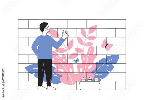 Man with graffiti. Young guy draws pink flower on brick wall. Vandalism and hooliganism. Painting at home, street art and youth culture. Linear vector illustration