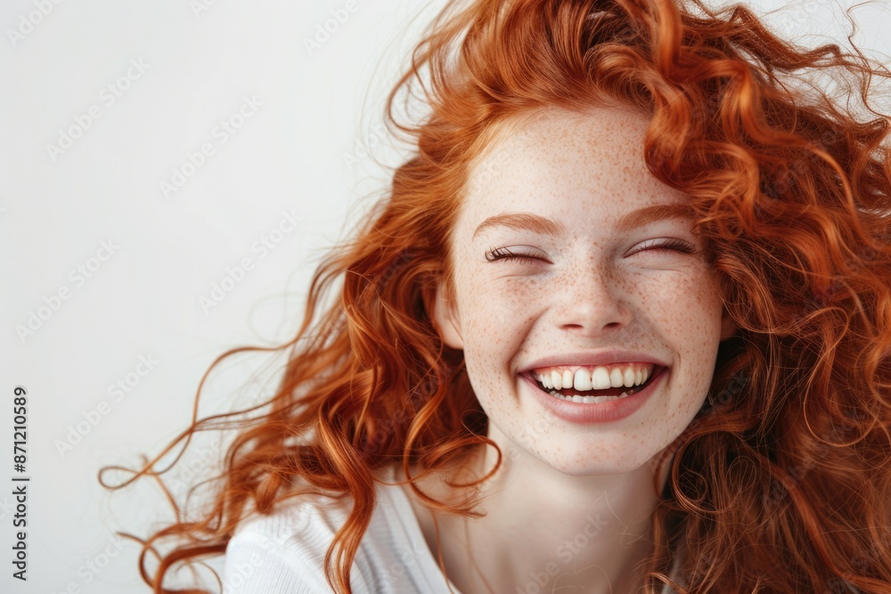 A woman with bright red hair smiles with her eyes closed, conveying happiness and relaxation A woman with bright red hair smiles with her eyes closed, conveying happiness and relaxation
