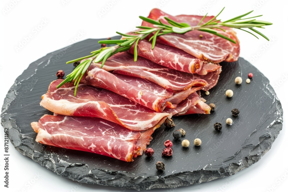 Raw pork slices on stone plate white background Raw pork slices on stone plate white background