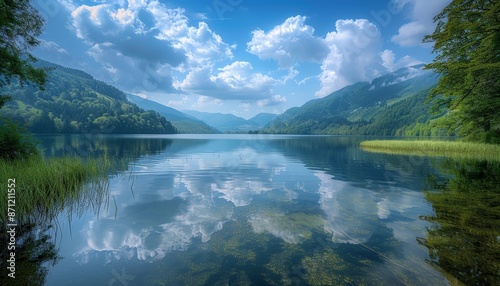 A serene lake surrounded by lush greenery and mountains in the distance, with the sky reflecting on the calm water