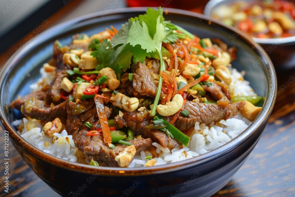 Rice with beef chicken and cashew curry topping Rice with beef chicken and cashew curry topping