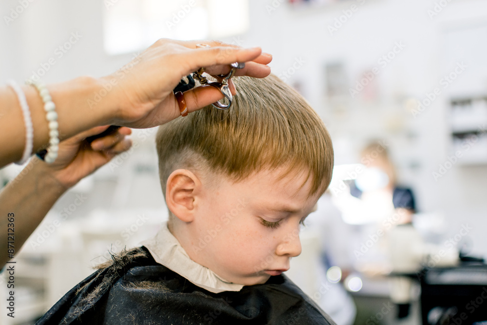A little fair-haired boy is getting his hair cut in a barber shop. A little fair-haired boy is getting his hair cut in a barber shop.