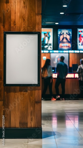 Cinema lobby with blank signboard, E TICKET counter, and movie posters Vertical Mobile Wallpaper photo