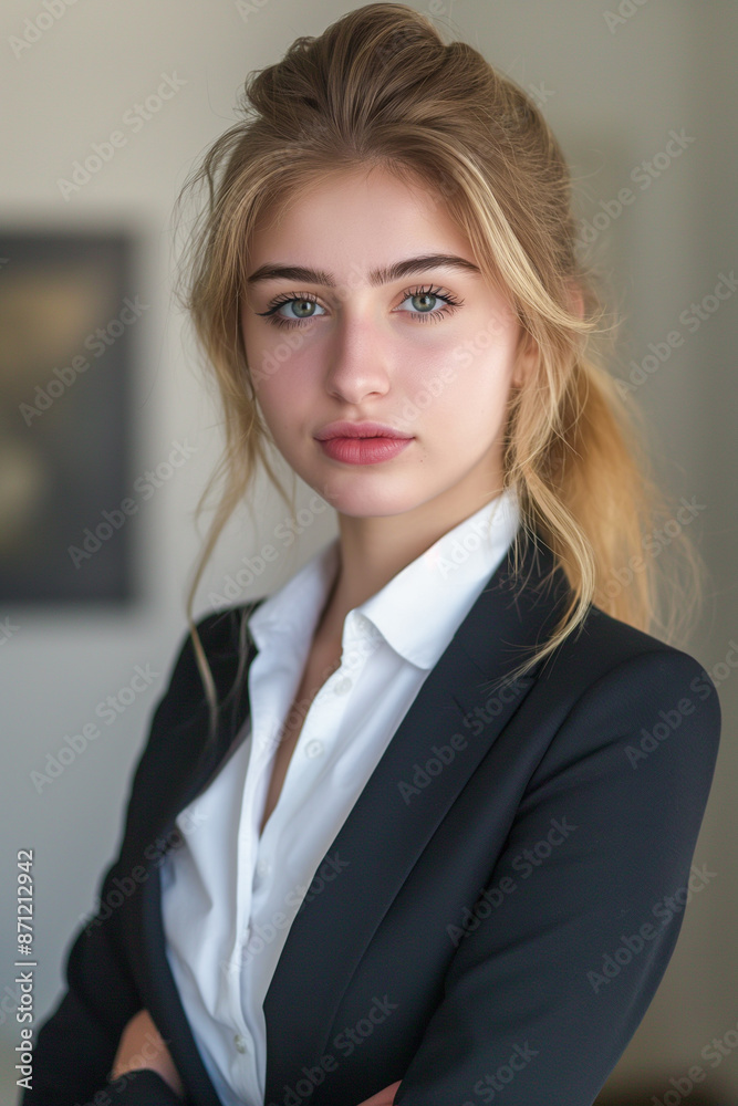 A woman in a business suit with a serious expression on her face A woman in a business suit with a serious expression on her face