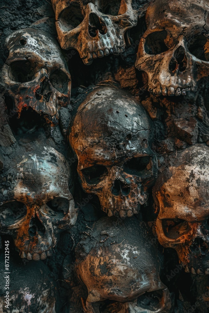 Fototapeta premium A collection of skulls resting on a mound of earth