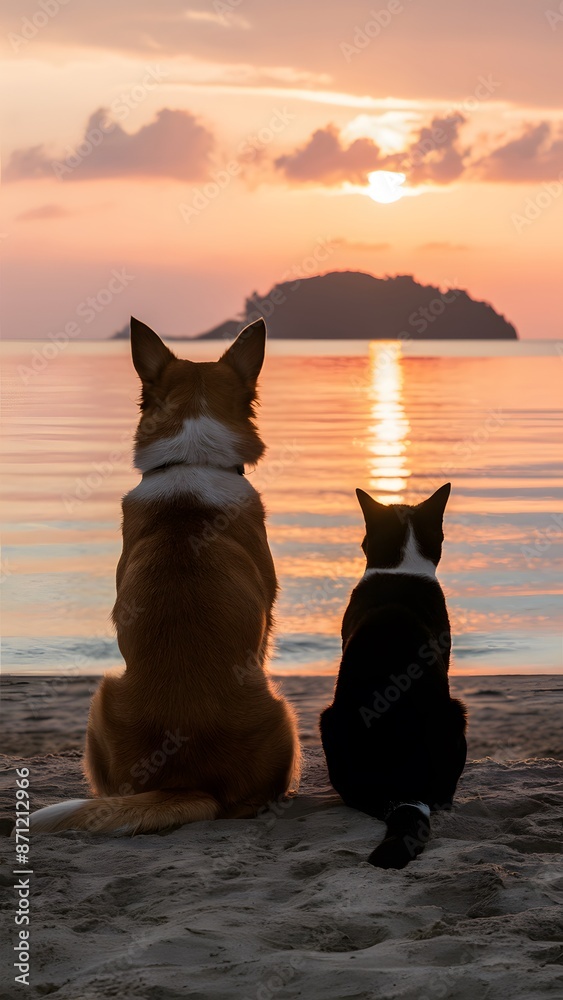 Dog and cat silhouettes on beach at sunset, reflecting calm waters Vertical Mobile Wallpaper Dog and cat silhouettes on beach at sunset, reflecting calm waters Vertical Mobile Wallpaper