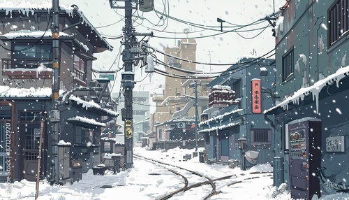 Snowy City Street Scene With Power Lines and Buildings cartoon landscape