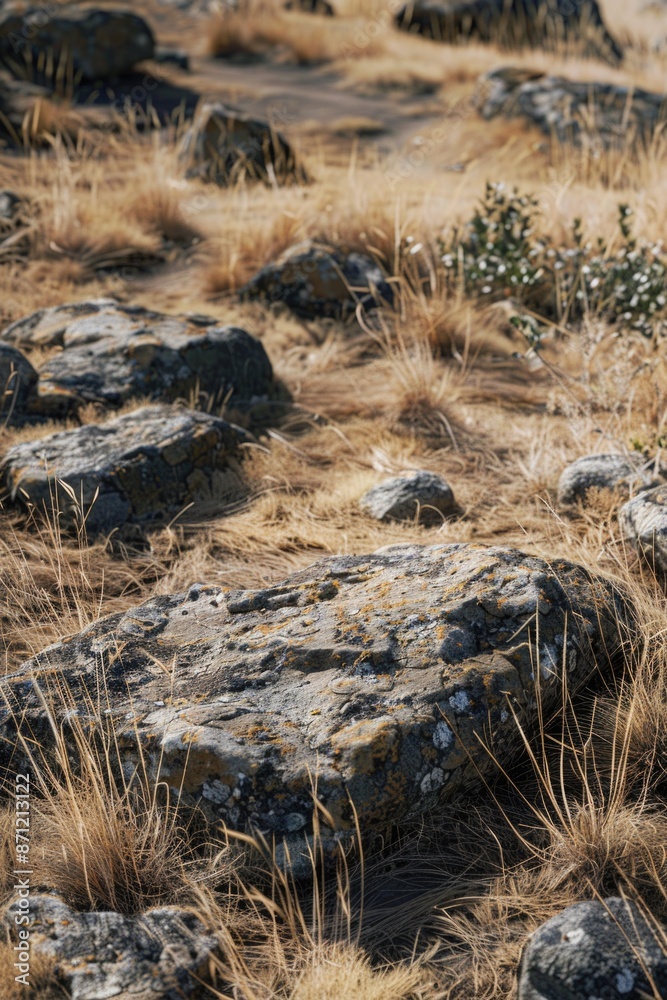 A bird is sitting on a rock in a green meadow, surrounded by wildflowers and lush grass A bird is sitting on a rock in a green meadow, surrounded by wildflowers and lush grass