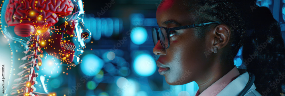 Female scientist in glasses studies a digital human brain model, showing brain, spinal cord, nerves. Demonstrates complex nervous system Female scientist in glasses studies a digital human brain model, showing brain, spinal cord, nerves. Demonstrates complex nervous system