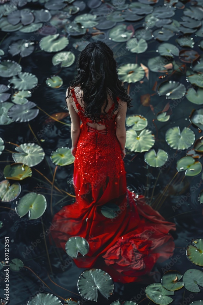 Fototapeta premium A woman stands on the surface of a pond surrounded by water lilies, wearing a bright red dress