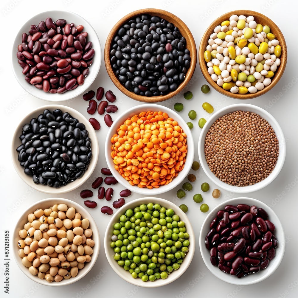 A variety of dried beans and legumes displayed in bowls, showcasing a colorful assortment perfect for healthy cooking and nutrition. A variety of dried beans and legumes displayed in bowls, showcasing a colorful assortment perfect for healthy cooking and nutrition.